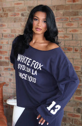 Topic Of Discussion Off Shoulder Oversized Long Sleeve Tee Navy
