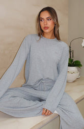 Come A Long Way Soft Lounge Long Sleeve Ribbed Tee Grey Marle