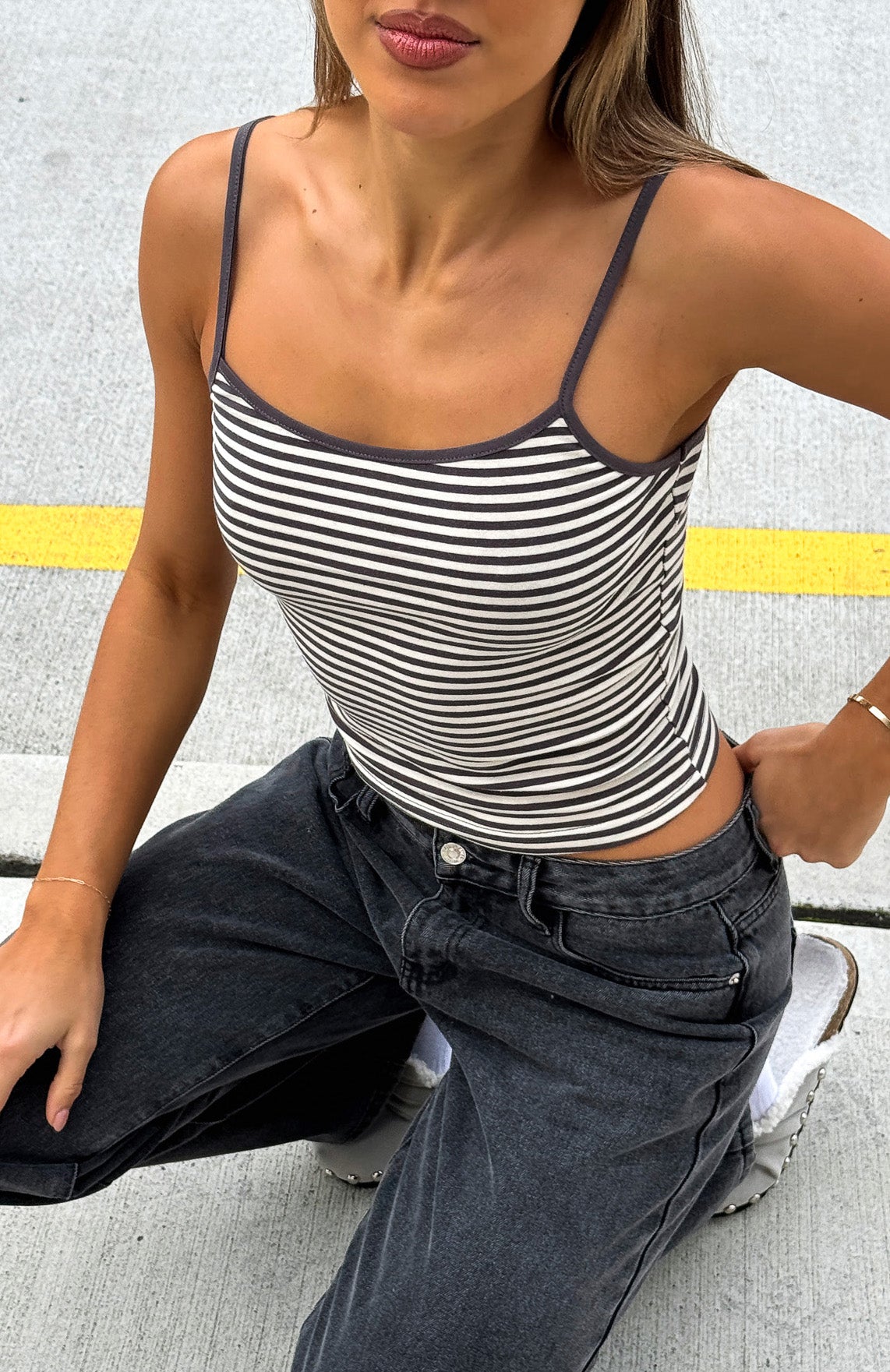 Just Let It Go Singlet Charcoal/White Stripe