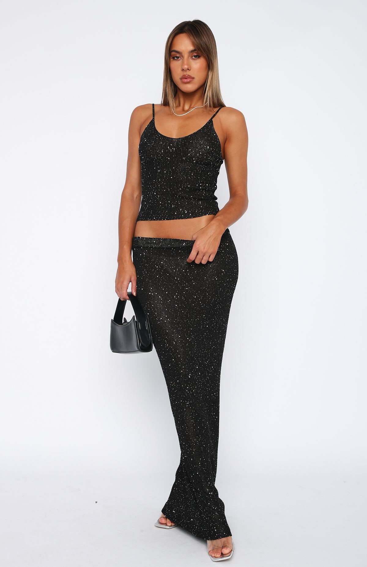 Star Shining Sequin Knit Maxi Skirt Black