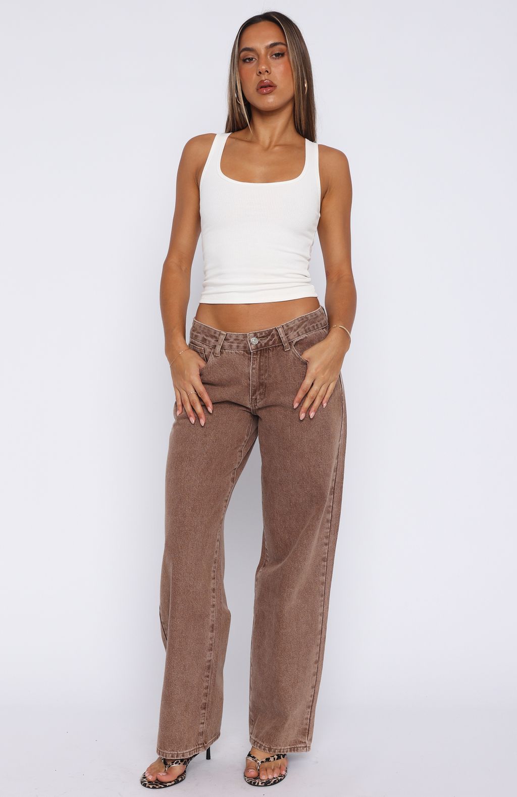 Bring The Style Low Rise Wide Leg Jeans Tan Wash