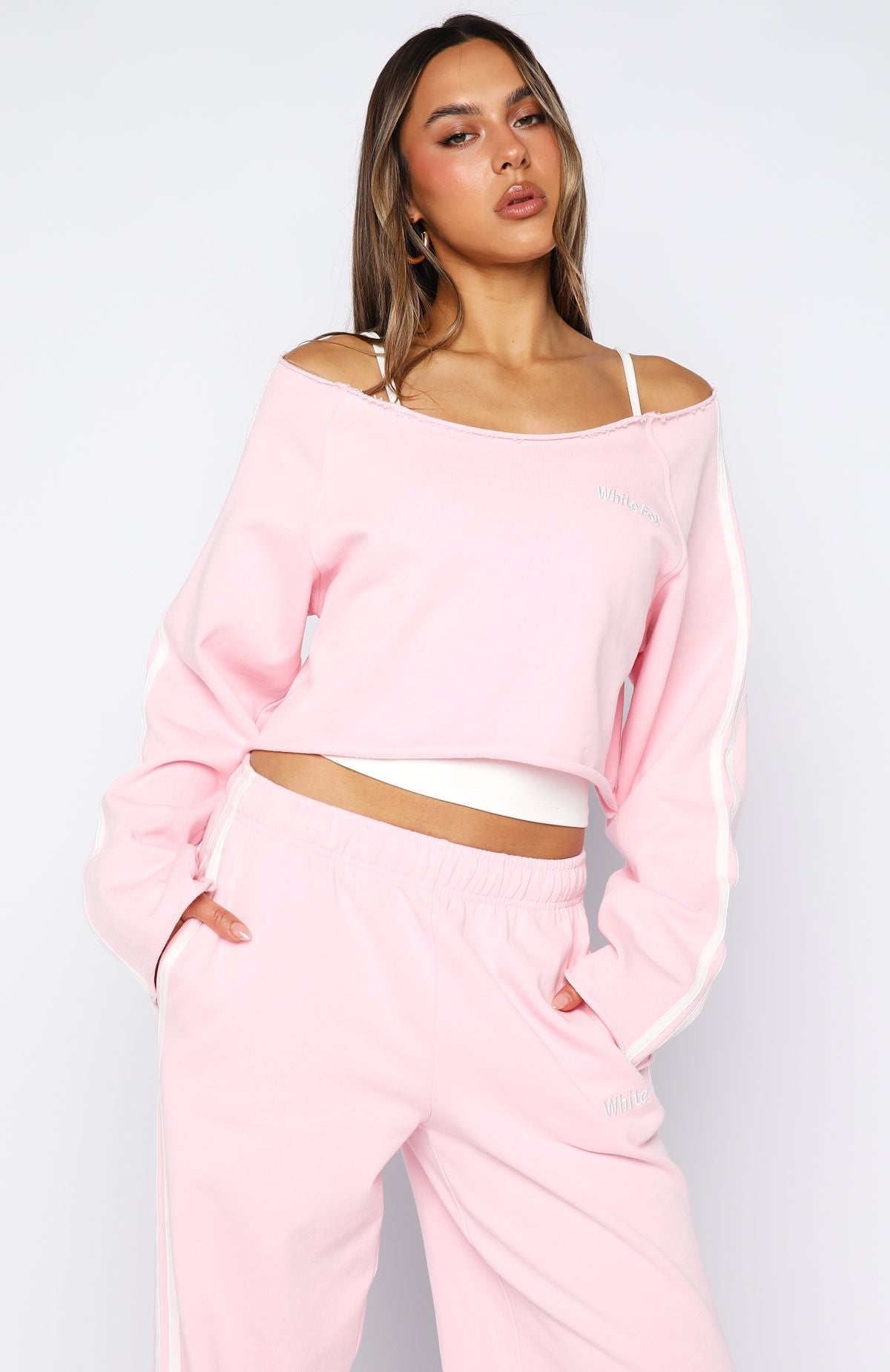 Star Student Cropped Off Shoulder Sweater Pink