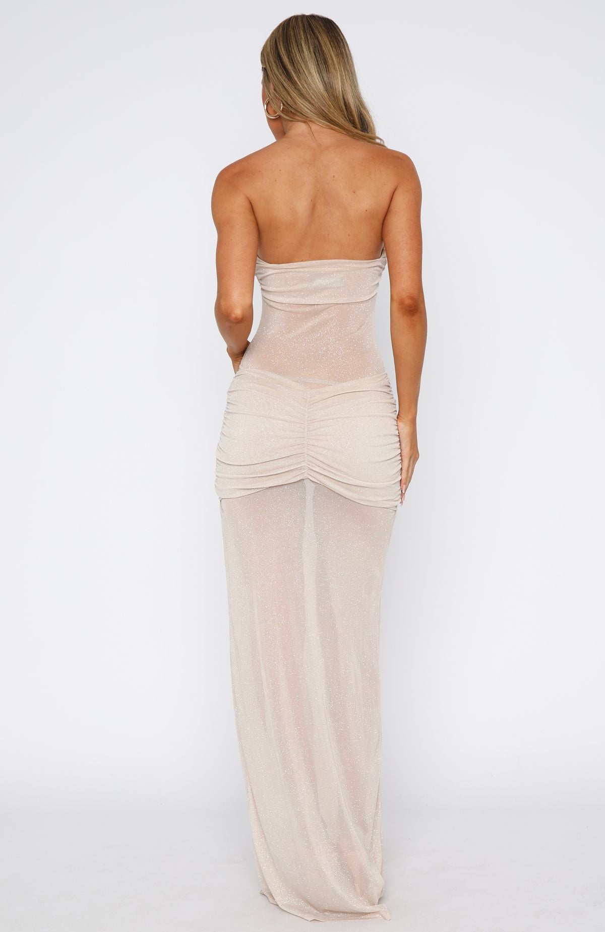 Sheer Grace Strapless Glitter Maxi Dress Champagne