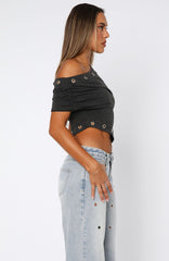 Can't Look Back Off Shoulder Top Dark Grey Marle