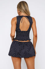 Runaway Heart Mini Skirt Navy Polka Dot