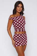 Late Nights Mini Skirt Burgundy Polka Dot