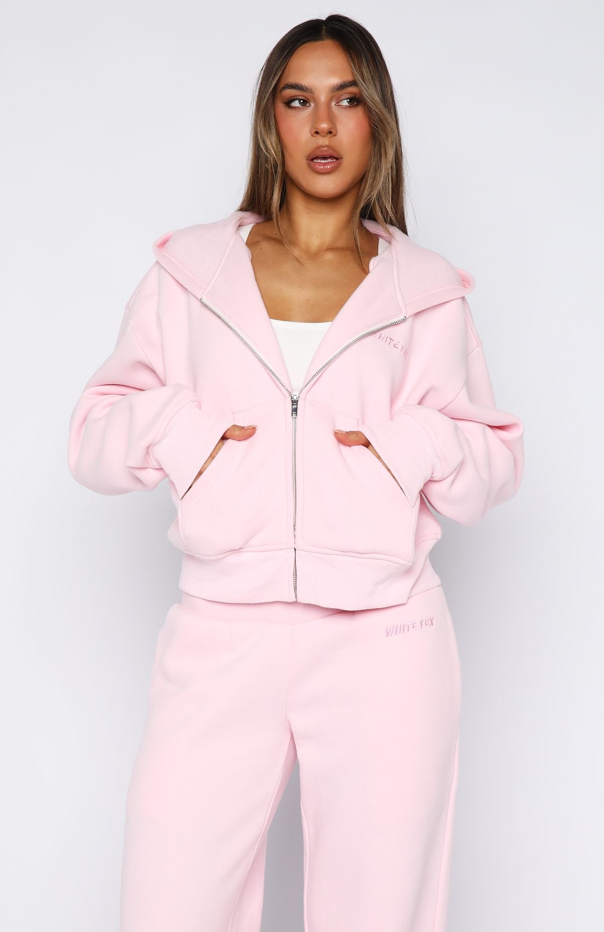 Come A Long Way Boxy Zip Front Hoodie Pink