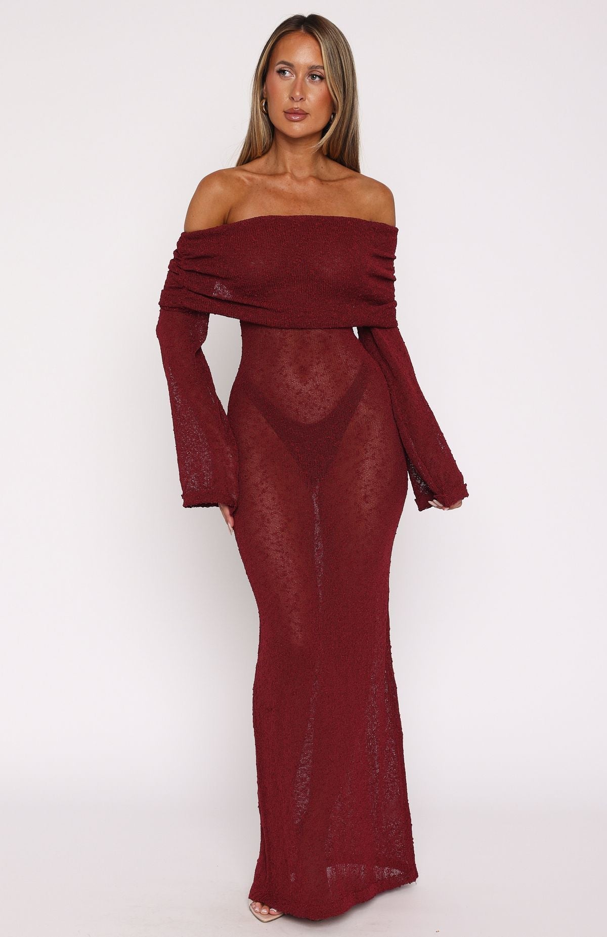 Made It Out Long Sleeve Boucle Maxi Dress Burgundy