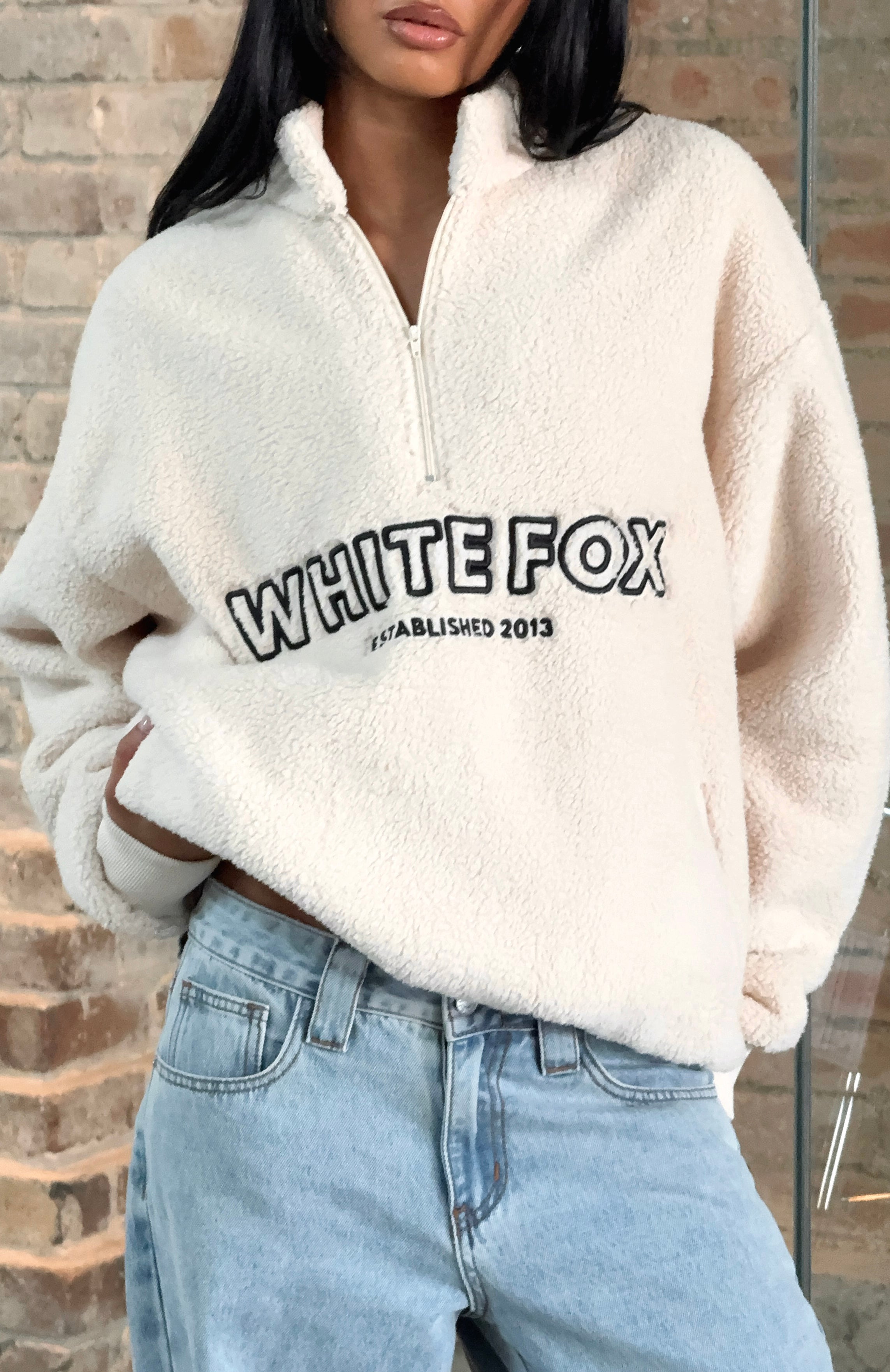 Hard To Stay Focused Teddy Borg Zip Front Sweater Cream