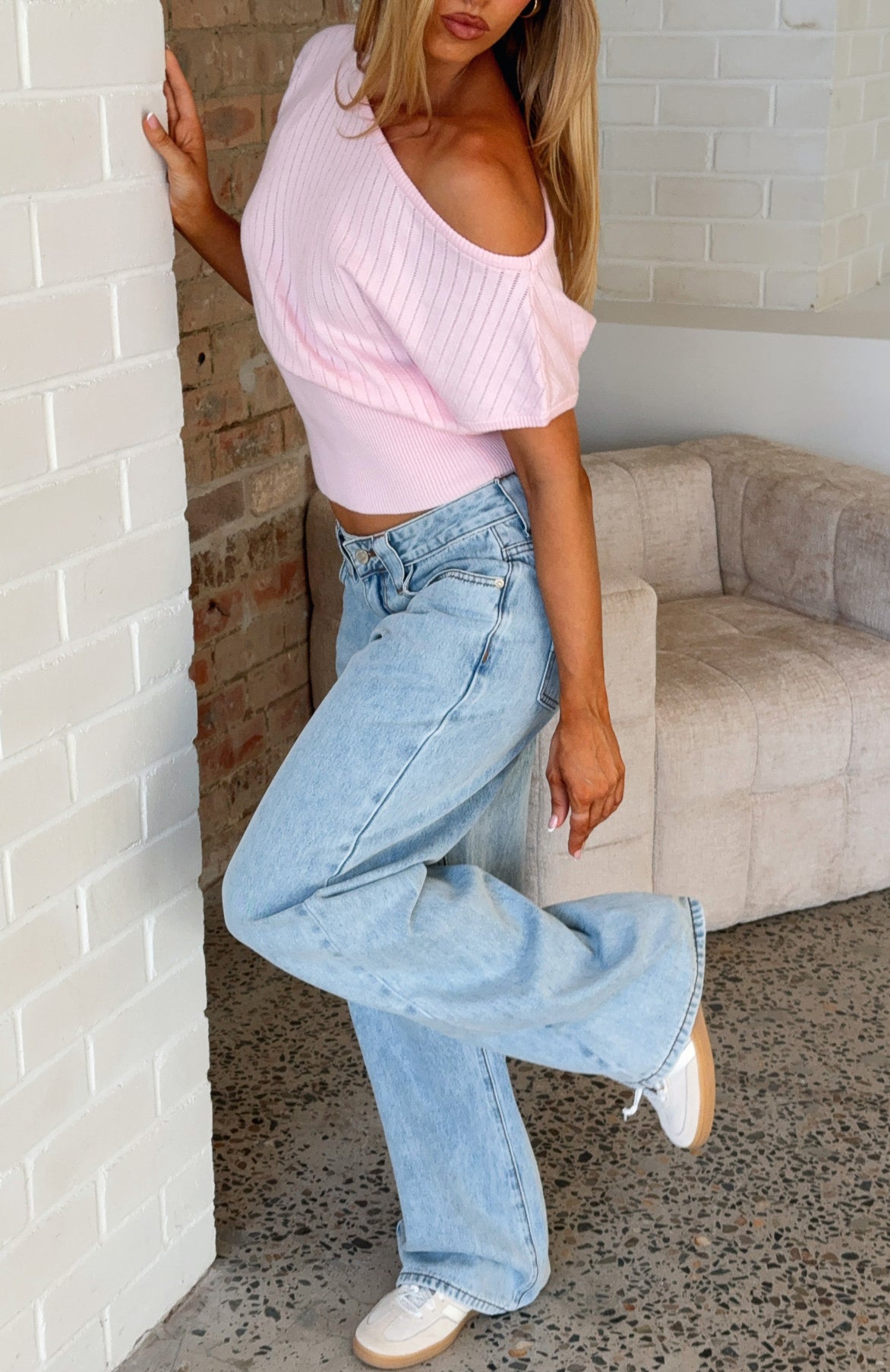 In A Spiral Off Shoulder Knit Top Pink