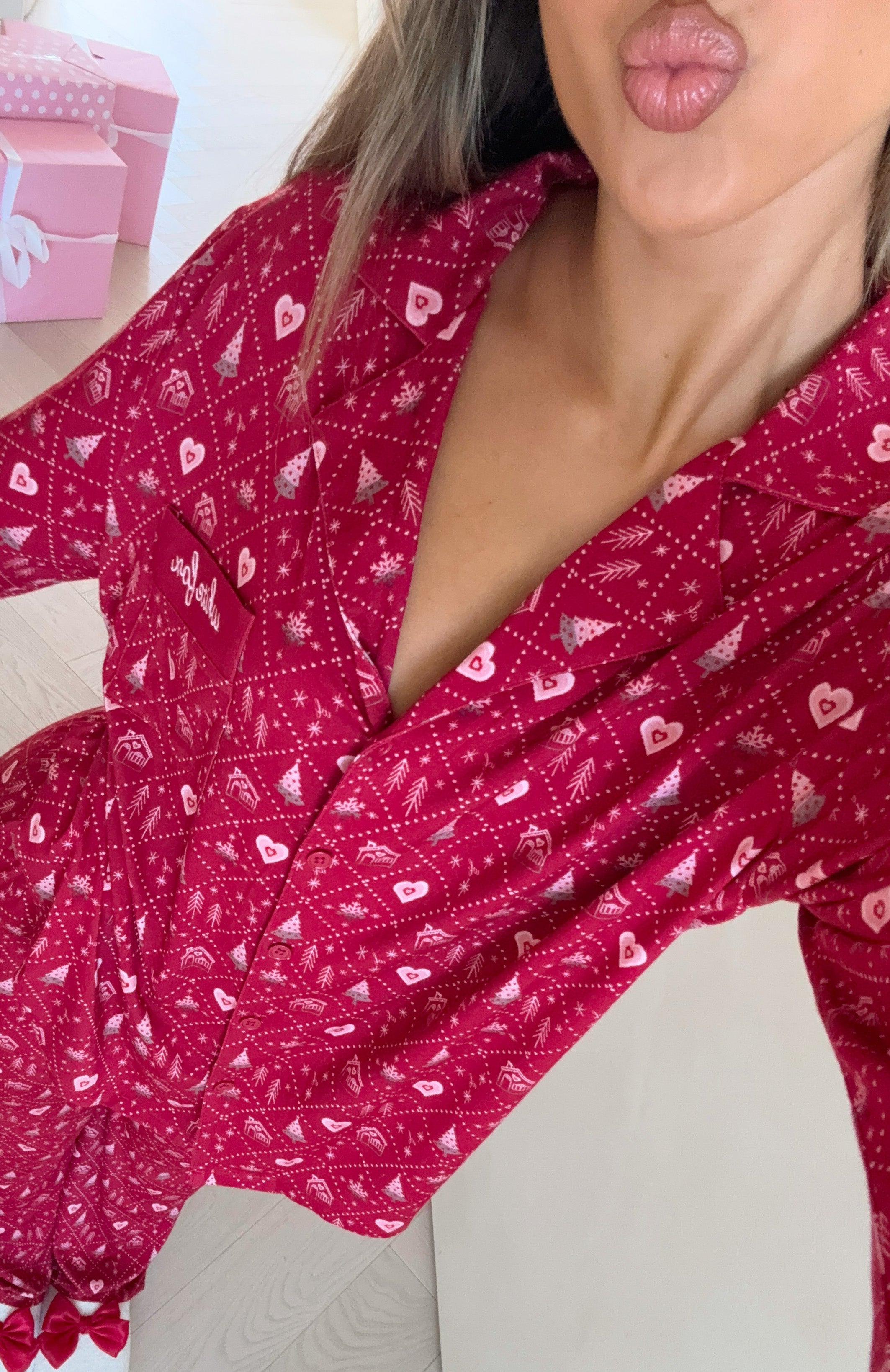 Pillow Talk Printed Long Sleeve Pyjama Set Cherry Noel