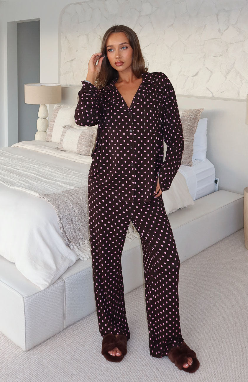 Pillow Talk Printed Long Sleeve Pyjama Set Choc/Pink Polka Dot