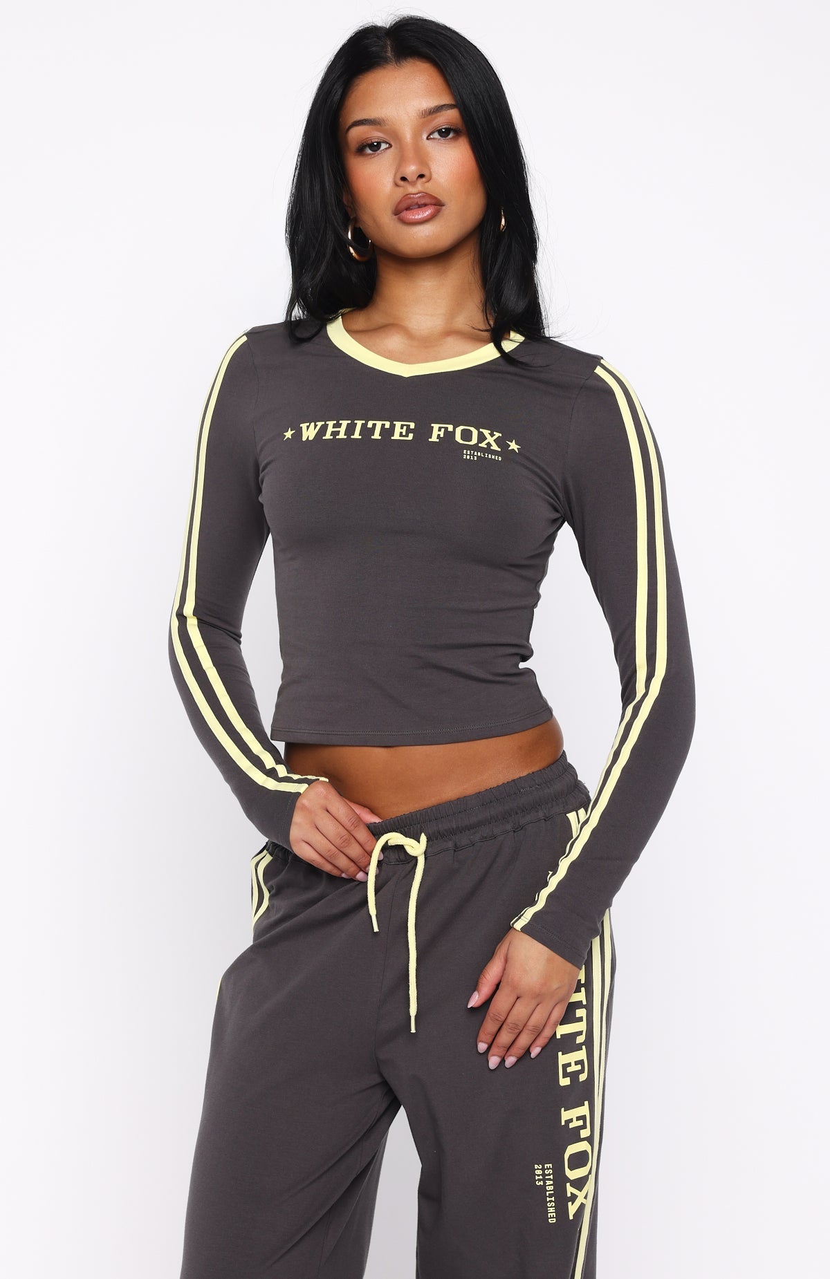 Star Of The Night Long Sleeve V Neck Baby Tee Charcoal